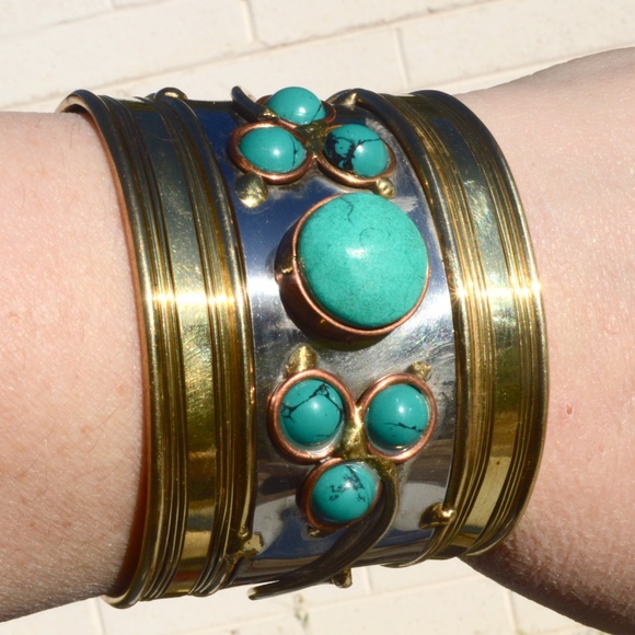 Turquoise Copper Brass Wide Cuff Bracelet Silver - Picture 3 of 8